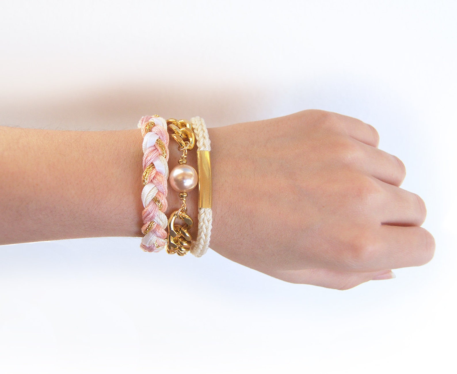 Pink Bracelet Stack With Chunky Chain, Romantic Braided Bracelet Set