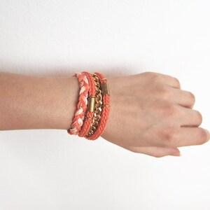 Coral wrap bracelet with chunky chain, coral braided bracelet, cotton rope bracelet image 3