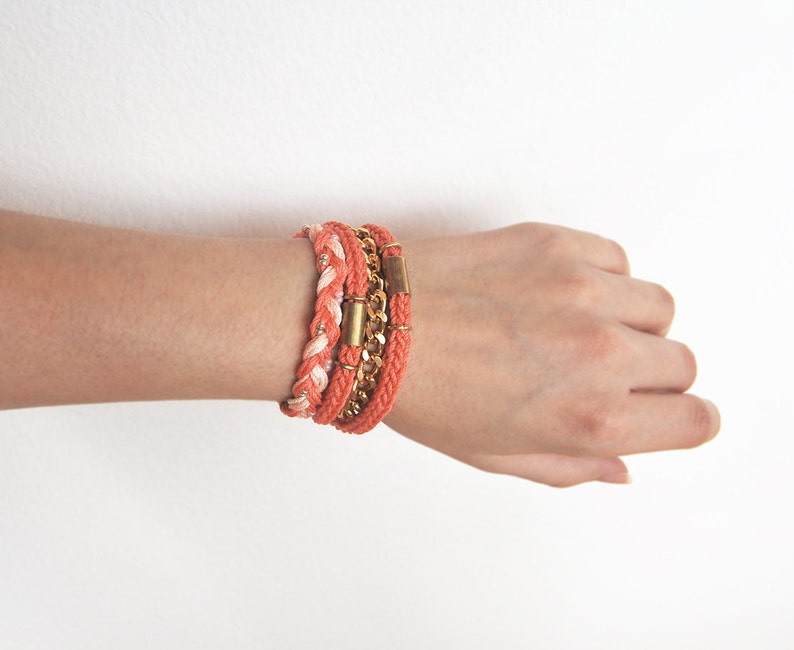 Coral wrap bracelet with chunky chain, coral braided bracelet, cotton rope bracelet image 3
