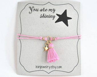 Star bracelet, wish bracelet with tassel charm and star, gift for her, pink friendship bracelet