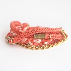 Coral wrap bracelet with chunky chain, coral braided bracelet, cotton rope bracelet image 1