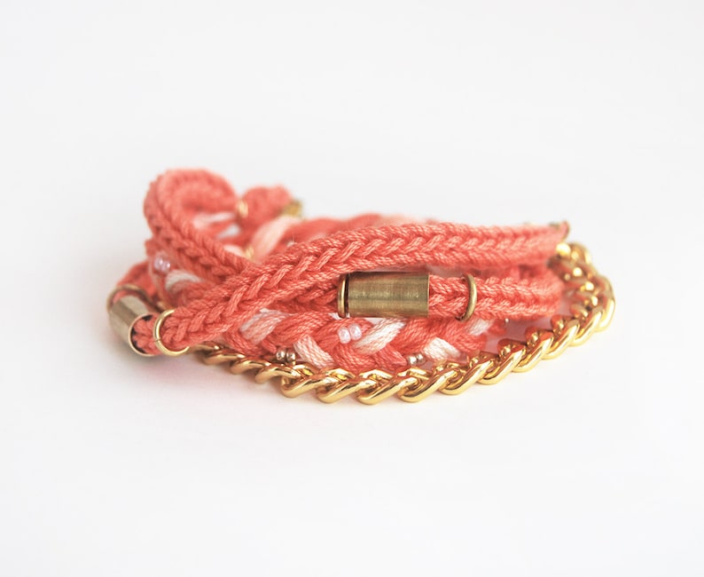 Coral wrap bracelet with chunky chain, coral braided bracelet, cotton rope bracelet image 1