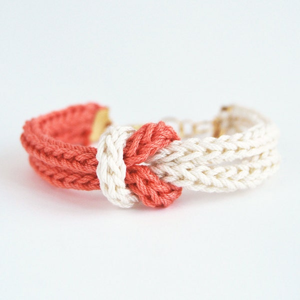 Coral bracelet, knot bracelet, knit bracelet in salmon pink and beige