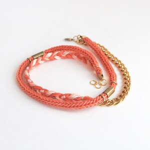 Coral wrap bracelet with chunky chain, coral braided bracelet, cotton rope bracelet image 2
