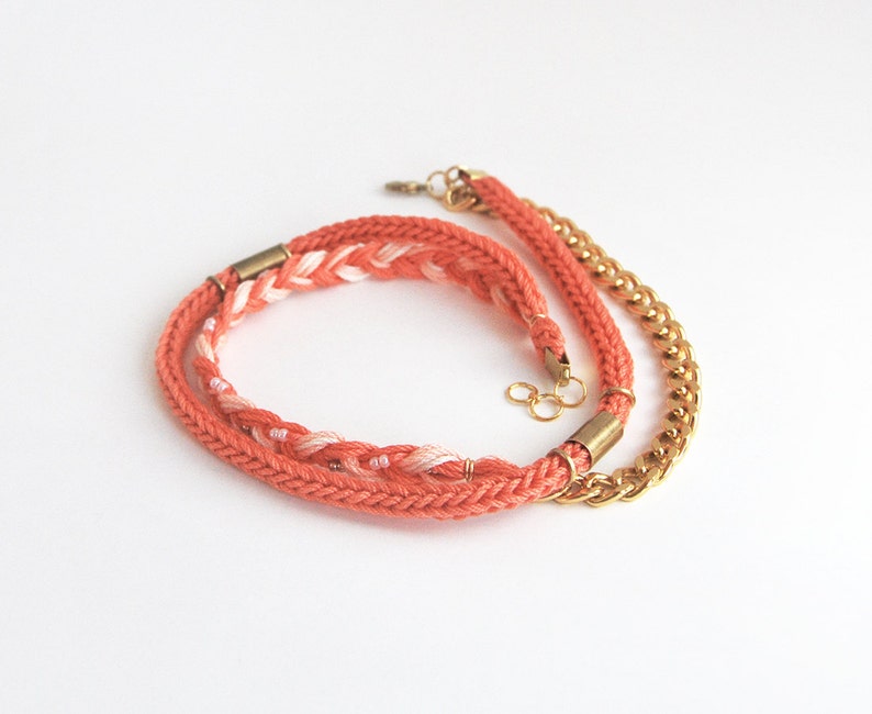 Coral wrap bracelet with chunky chain, coral braided bracelet, cotton rope bracelet image 2