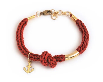 Anchor bracelet with knot, dark red nautical bracelet, burgundy red rope