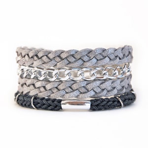 Braided wrap bracelet with chunky chain, faux leather wrap bracelet, silver wrap bracelet, silver and gray