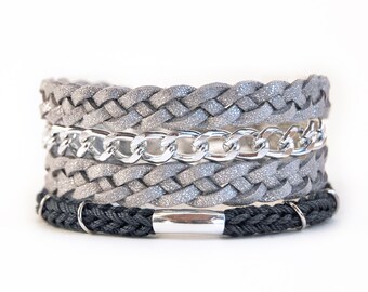 Braided wrap bracelet with chunky chain, faux leather wrap bracelet, silver wrap bracelet, silver and gray