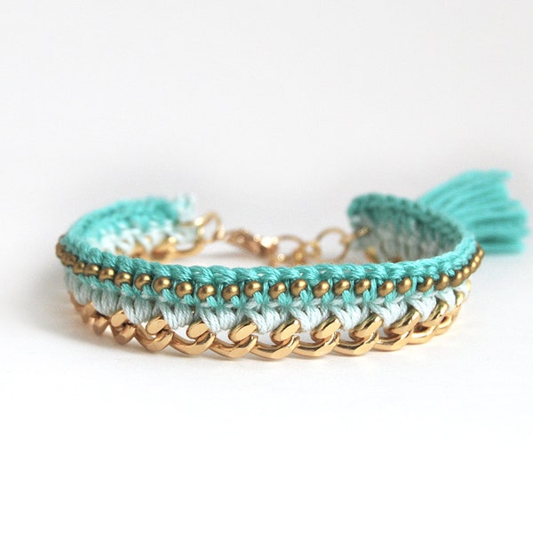 Mint bracelet, crochet bracelet with chunky chain, mint tassel bracelet with beads, boho bracelet