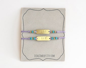 Set of friendship bracelets with beads, hand stamped BFF bracelet set in lilac and turquoise, gift for friends