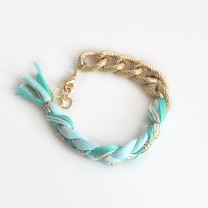 Mint bracelet with chunky chain, mint bohemian braided bracelet, chunky chain bracelet, ethno bracelet image 2