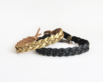 Couple bracelet set in gold and black faux leather, set of two his hers braided bracelets