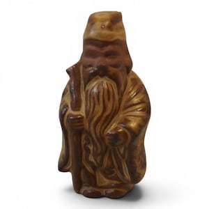Vintage Japanese Mud Man Figurine | Brown Glazed Ceramic Wise Man with Staff | Asian Folk Art Pottery, Immortal, Old Man Statue