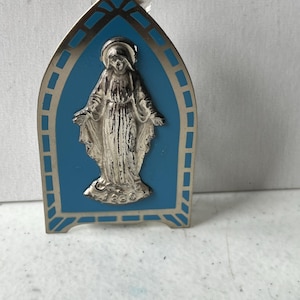 Rare Antique Holy Water Bottle in Metal Holder With Mary on it
