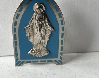 Rare Antique Holy Water Bottle in Metal Holder With Mary on it