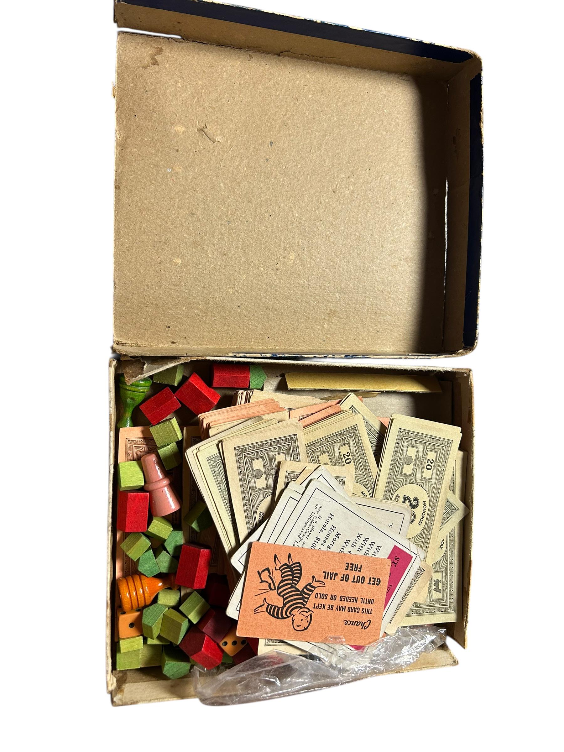 Vintage 1940s Monopoly Game Pieces & Box | Rare WWII Era Wooden