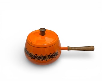 MCM Orange Enamel Fondue Pot with Lid | Retro 70s Floral Enamelware Saucepan | Mid Century Modern Kitchen Decor | Wood Handle Cookware