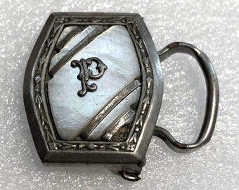 Antique Mother of Pearl Monogrammed "P" Belt Buckle – Art Deco Nickel Silver