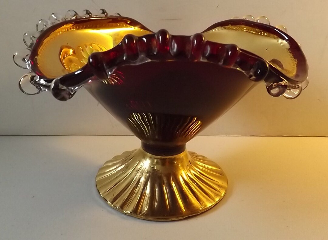 Pedestal Glass Dish Bohemian Gold and Cranberry Ruby Red See Etsy