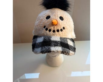 Holiday Snowman Sherpa Baseball Cap Plush Black Pom-Pom & Buffalo Plaid Brim