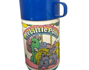 Vintage 1989 My Little Pony Thermos by Aladdin - G1 MLP Carousel Ponies - Retro 80s Lunchbox Accessory - Blue Cup Lid & Stopper Included
