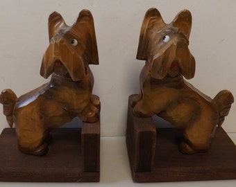 Adorable Carved Wooden Scottish Terrier Book Ends - see Description for Details {D Shelf}