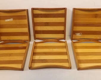 Set of Six Wooden Bamboo Single Serve Trays or Coasters - See Description for Details