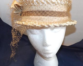 Creamy White Pillbox Hat, Ostrich Feathers, Net Bow 