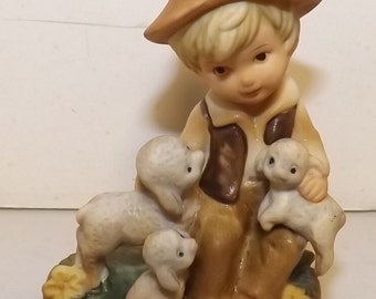 Napco Tiny tots porcelain Boy and Lambs - See description for Details