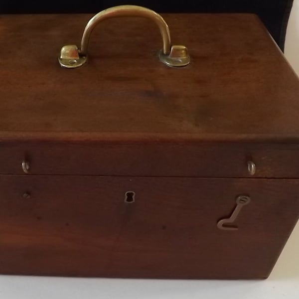 Antique Wooden Jewelry Box with Handle Red Velvety Interior - See Description for Details