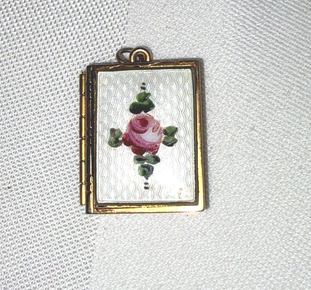 Vintage Guilloche Enamel Rose Locket Gold Tone Book Locket Necklace ...