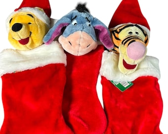 Vintage Disney Winnie the Pooh Christmas Stocking Set - Pooh, Tigger, & Eeyore Plush Trio - Holiday Home Decor