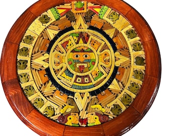 Handcrafted Aztec Sun Stone Marquetry Wall Hanging – Vintage Mexican Wood Inlaid Art – Mid-Century Folk Art Decor
