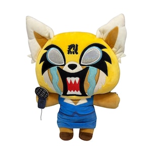 May include: A plush toy of a yellow anthropomorphic red panda with white ears, black accents, and a blue outfit. The panda has a distressed expression with tears and an open mouth, holding a microphone.