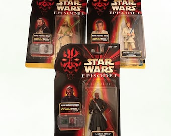 Set aus 3 Star Wars Episode I - CommTech Chip Actionfiguren (1999) - Qui Gon Jin, Obi-Wan Kenobi und Darth Maul