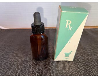 Vintage Amber Glass Apothecary Dropper Bottle with Original Rx Box