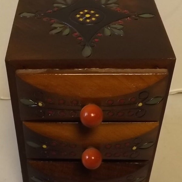 Beautiful Wooden and Carved and Painted Jewelry Box With Drawers Made in Poland - See Description for Details