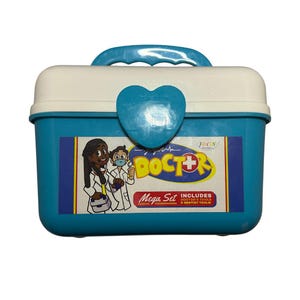 May include: A blue and white toy doctor's kit with a handle and a heart-shaped clasp. The kit features a graphic of two cartoon doctors and the words "Doctor Mega Set" with a red cross symbol.