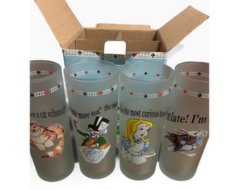 Vintage Alice in Wonderland Frosted Cooler Glasses Set of 4 16oz In Box Glasses