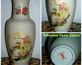 Vintage quot Satsuma quot Japan Signed Cherry Blossom with Birds Floral Art Creamy Porcelain Oriental Vase Japanese Collectible Signed VASE