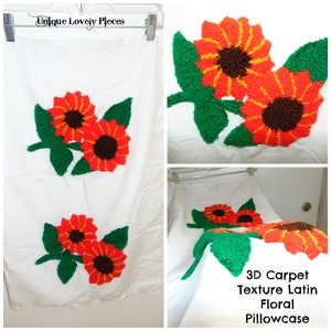 Vintage OOAK Handmade Orange Red Latin Sun Flower Floral 3D Yarn Pillowcase Holder / Pillow Holder / Decorative Bedding