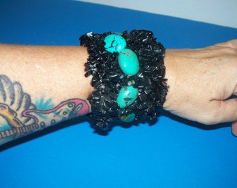 Handmade Black Pebble Rock with Large Turquoise Centered Stones Detailed Wired Wide Stone Cuff Bracelet / OOAK Wrist Jewelry
