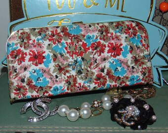 Mid Century Graceline Floral Canvas Snap Clutch Make-up Purse Box Handbag Case