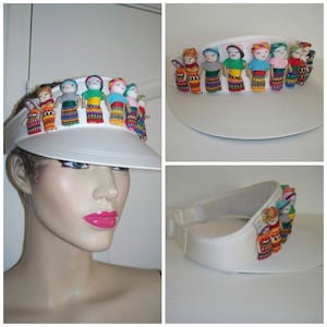 Vintage Handmade Guatemalan Worry Trouble Mexico Ethnic Doll Adorned Women&#39;s White Adjustable Sport Sun Visor Hat / Mayan Wear