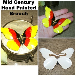 Vintage Mid Century Hand Painted Yellow Orange & Black Rhinestone Adorned Oversized Butterfly Brooch / Costume Jewelry / Blouse Top Pin