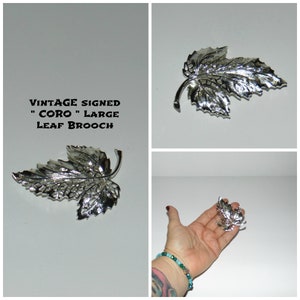 Vintage Signed &quot; Coro &quot; Silver Toned Laced Cut Out Large Leaf Brooch / Costume Jewelry / Sweater Top Blazer Brooch / Jewelry Pins