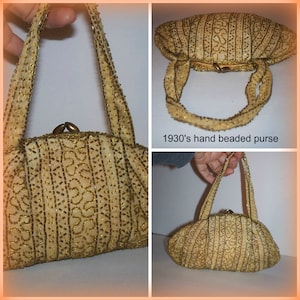 Bolsos vintage auténticos de los años 30 de Josef, hechos a mano en Bélgica, de algodón beige con cierre de beso y micro cuentas de vidrio. Cartera/cartera tipo sobre con forma de depresión.