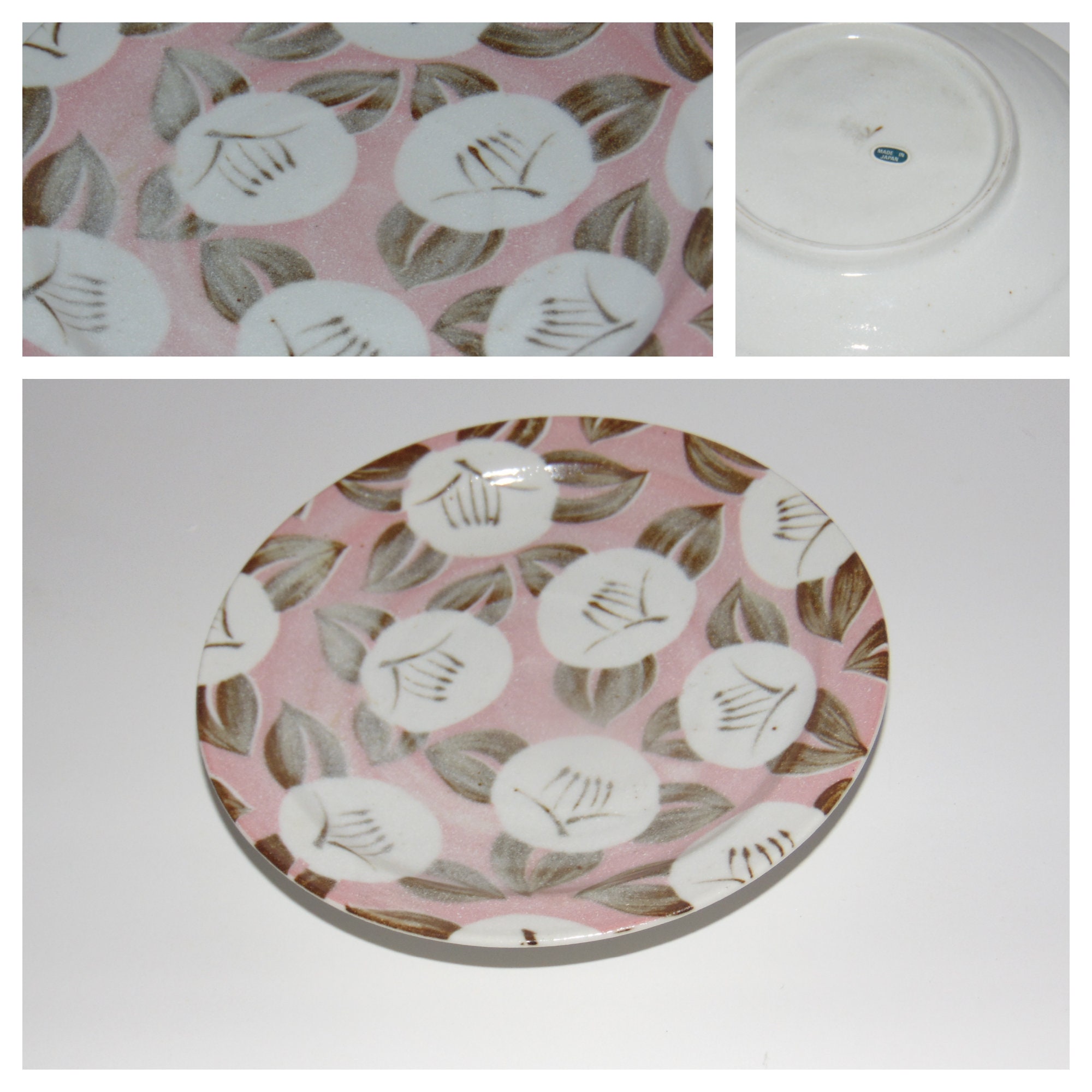 Mid Century Vintage Atomic Pink Brown White Oriental Japan Floral