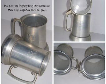 Vintage Mid Century Playboy Engraved See Thru Bottoms Aluminum Mule Mugs Tumbler Cups / Man Cave Barware / Hong Kong Collectibles