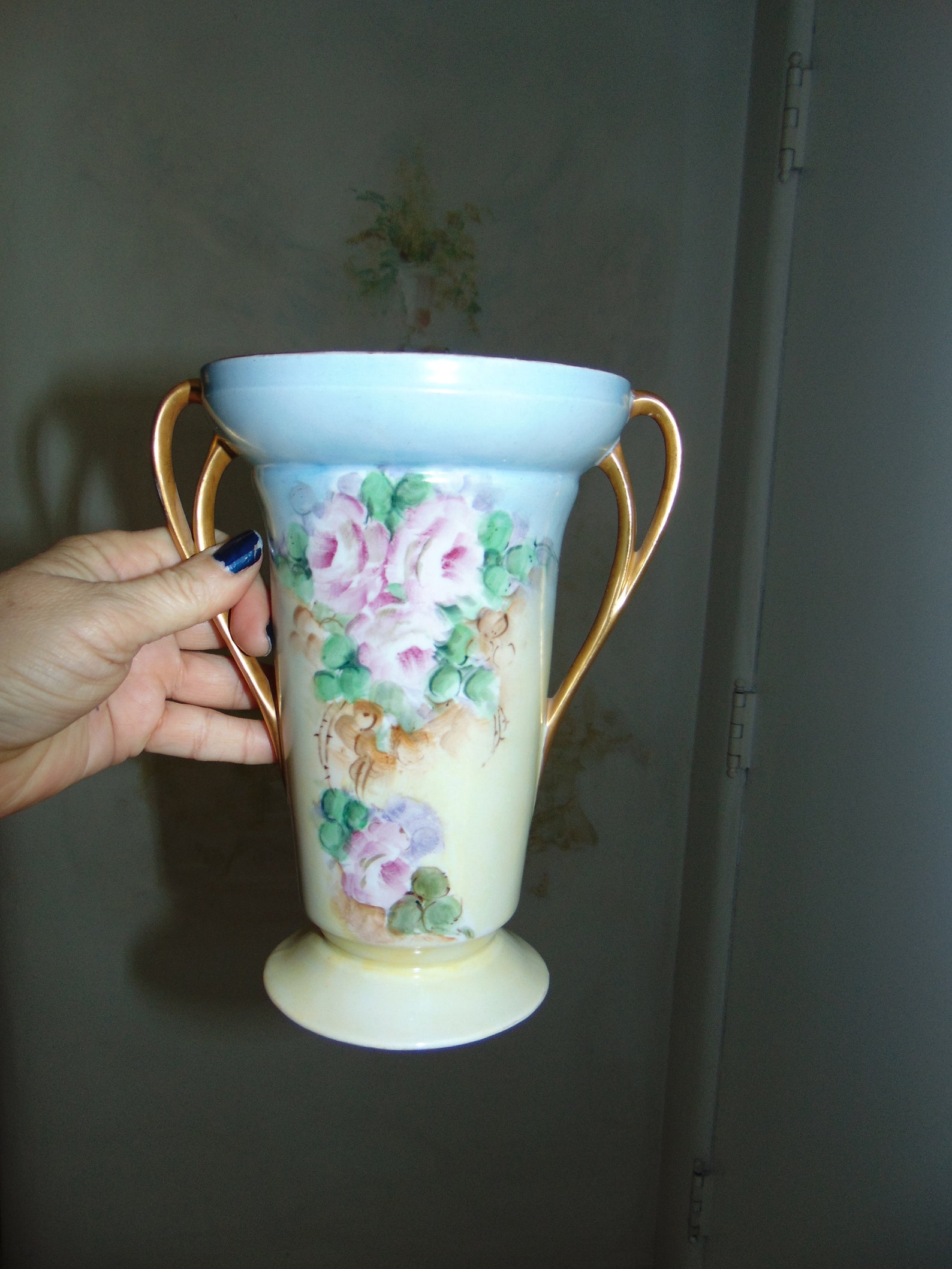 Antique 1930 Art Deco Handpainted Floral Vase With Gold Gilted Etsy